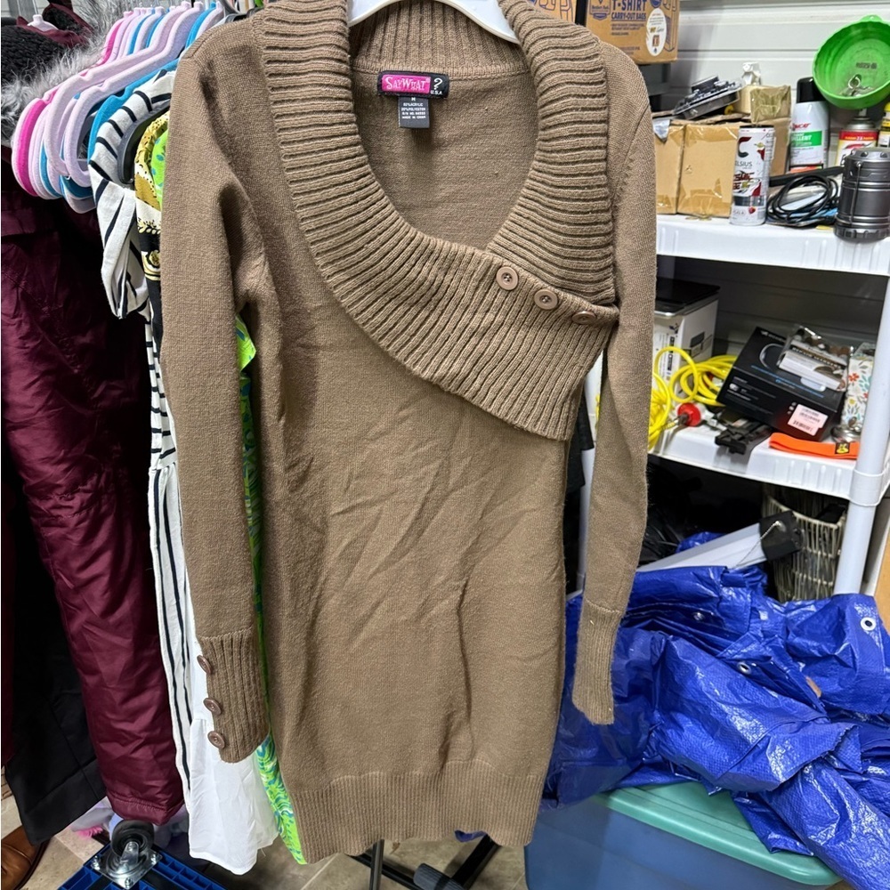 Say What? Tan Cowl Neck Sweater Dress